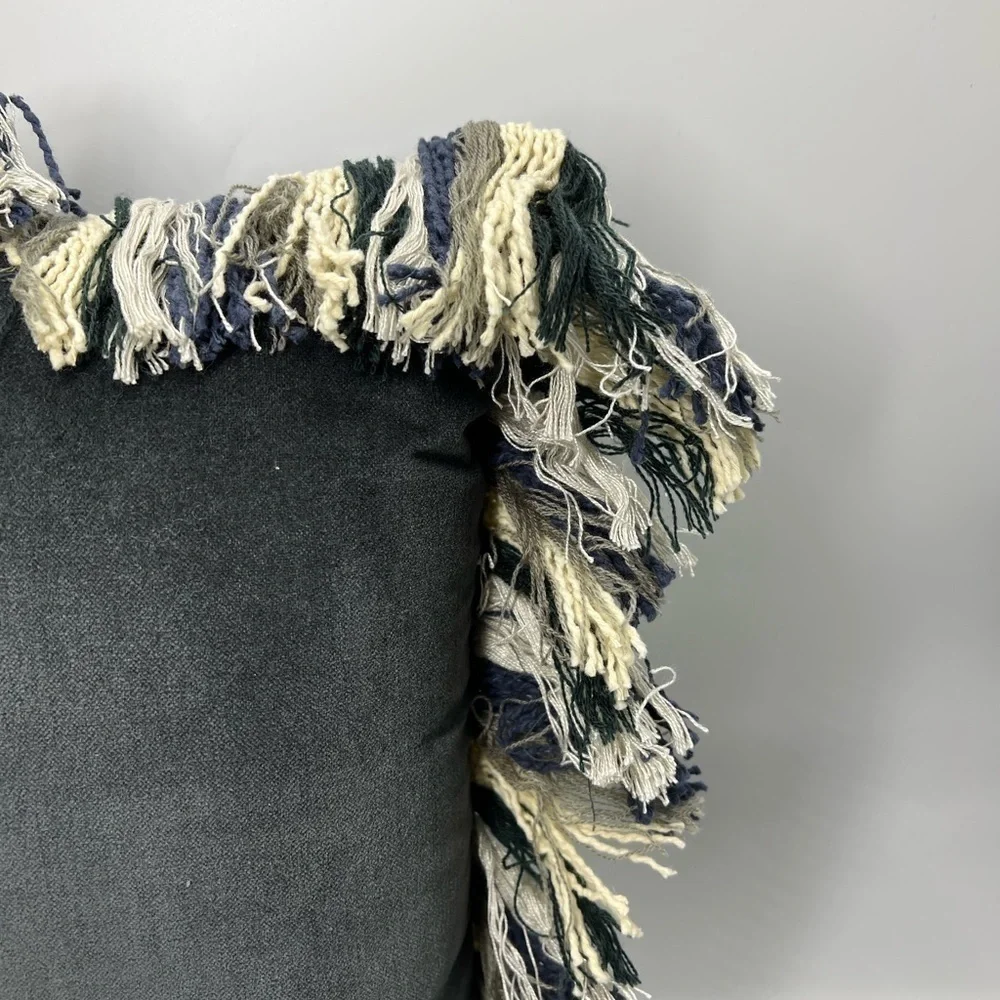 NWT Opal House Dark Gray Velvet Pillow with Fringe 17in.x 17in